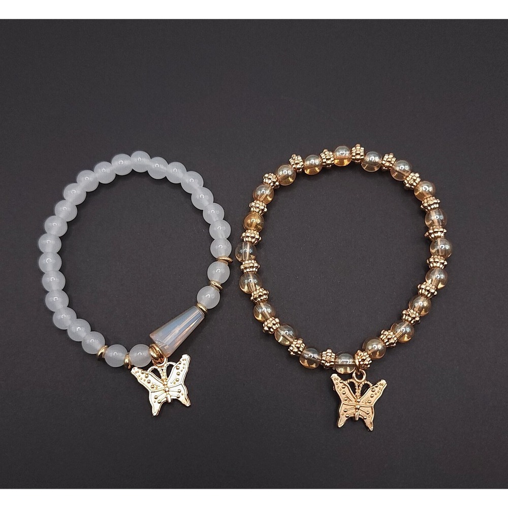 Butterfly Charm Bracelet Set White Champagne Bead‎ Gold